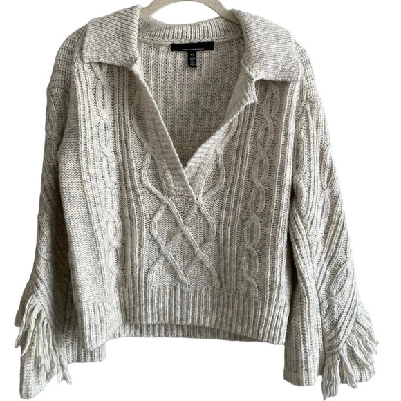 WHITE House Black Market Oversized Polo Sweater with Fringe Size XS - Picture 4 of 16